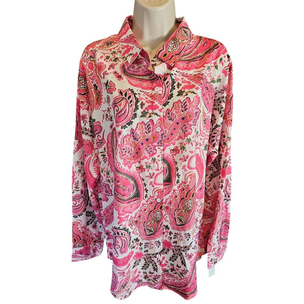NWT unbranded polycotton button up bright paisley long sleeve casual career top